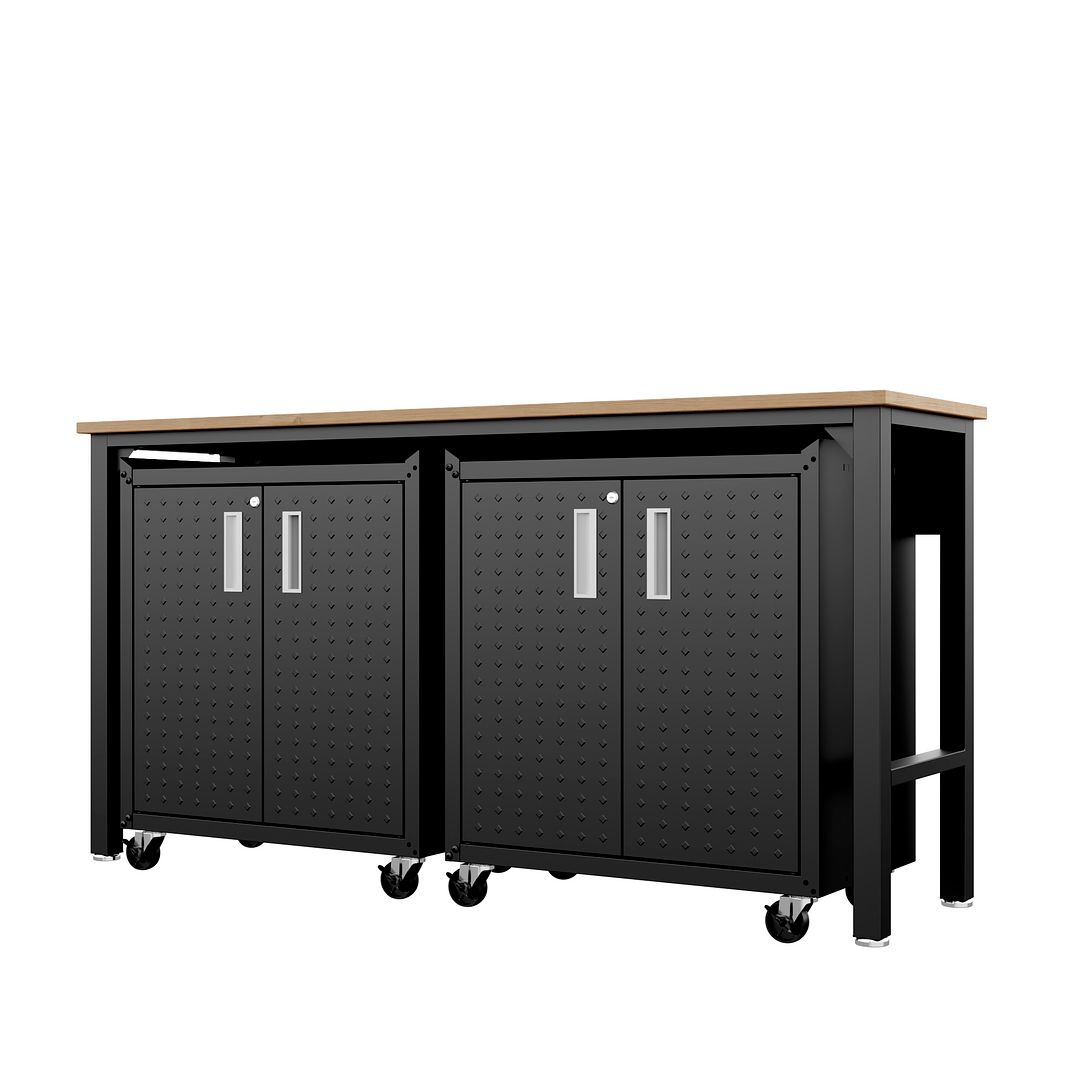 Manhattan Comfort 3-Piece Fortress Mobile Space-Saving Steel Garage Cabinet & Worktable 1.0 In Charcoal Gray