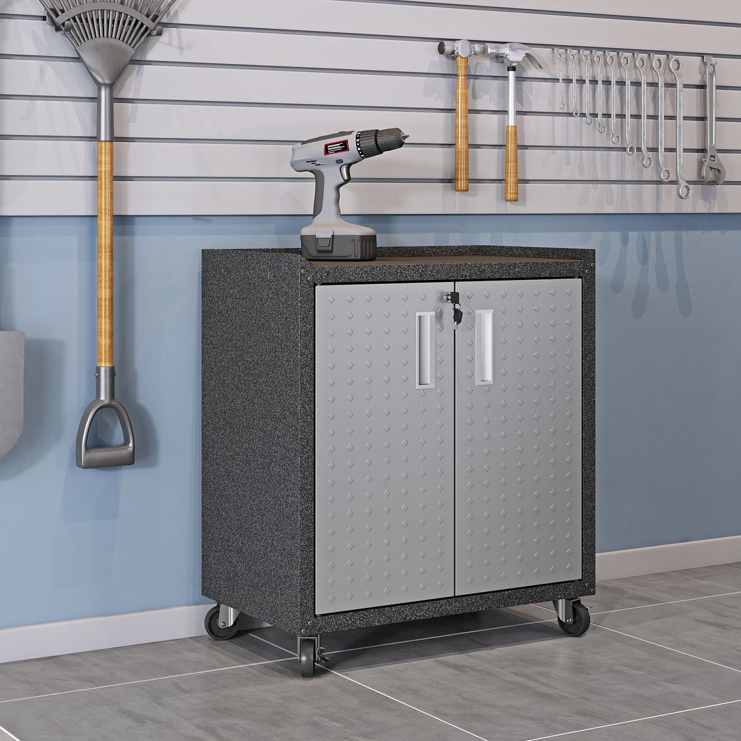 Manhattan Comfort 3-Piece Fortress Mobile Space-Saving Steel Garage Cabinet & Worktable 1.0 In Gray