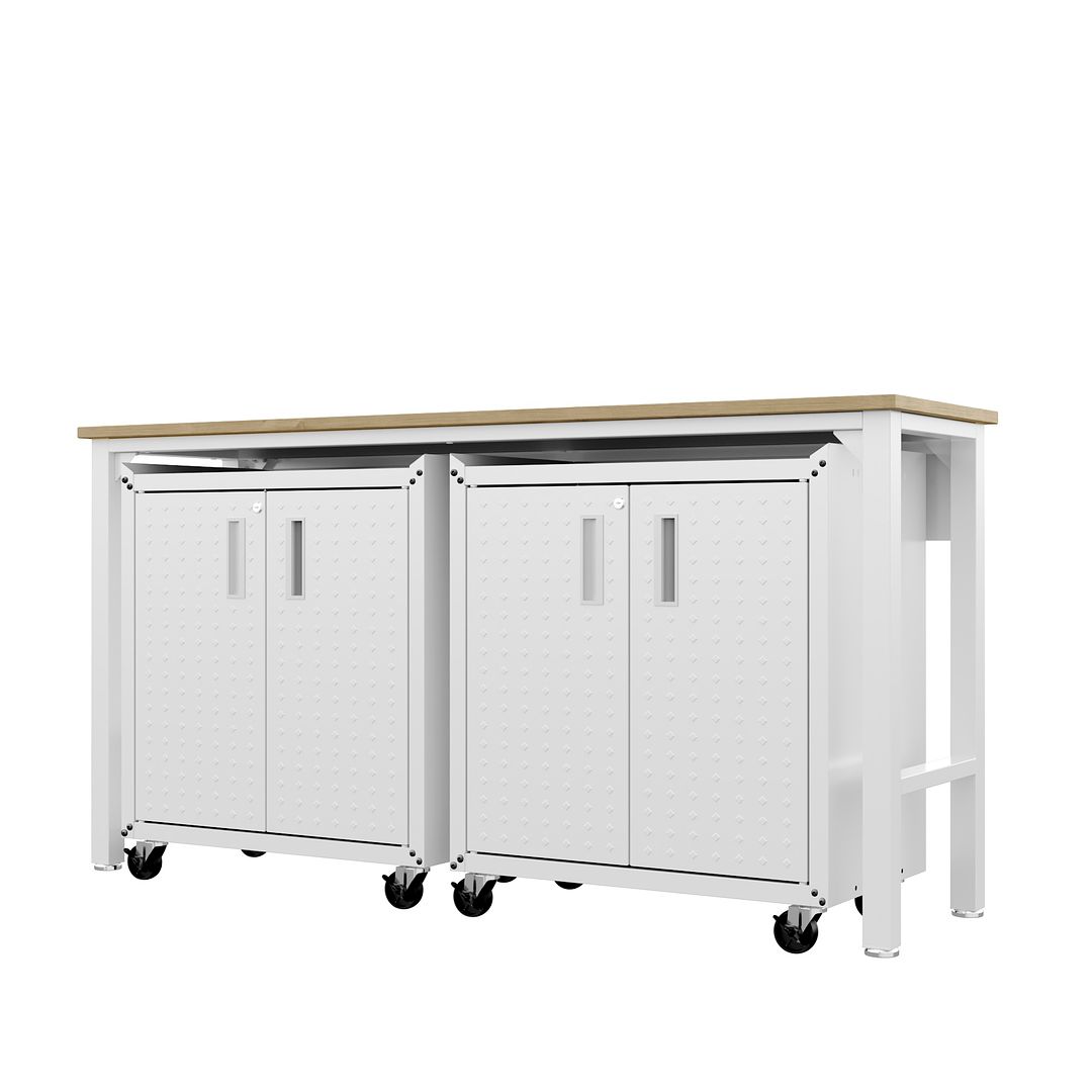 Manhattan Comfort 3-Piece Fortress Mobile Space-Saving Steel Garage Cabinet & Worktable 1.0 In White