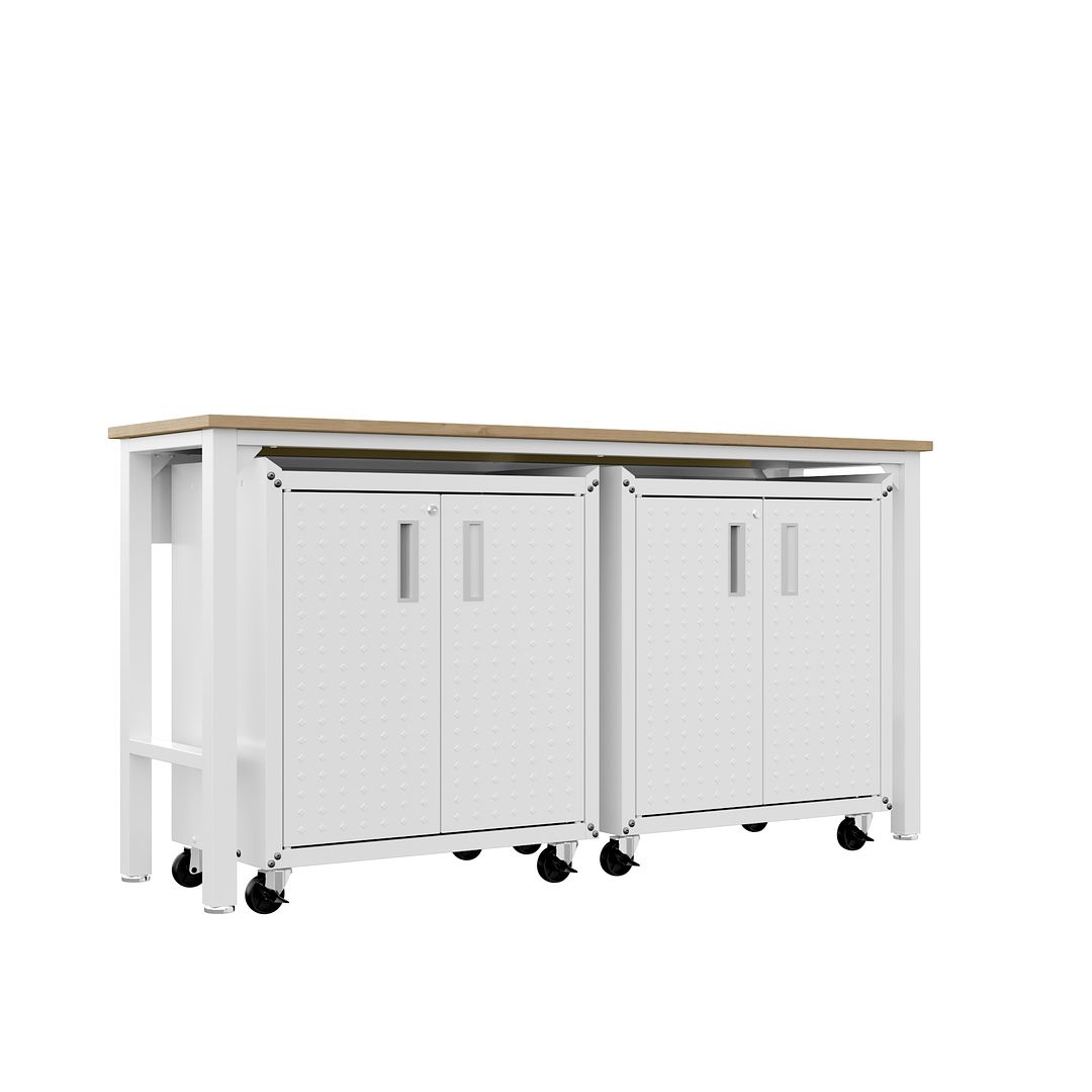 Manhattan Comfort 3-Piece Fortress Mobile Space-Saving Steel Garage Cabinet & Worktable 1.0 In White