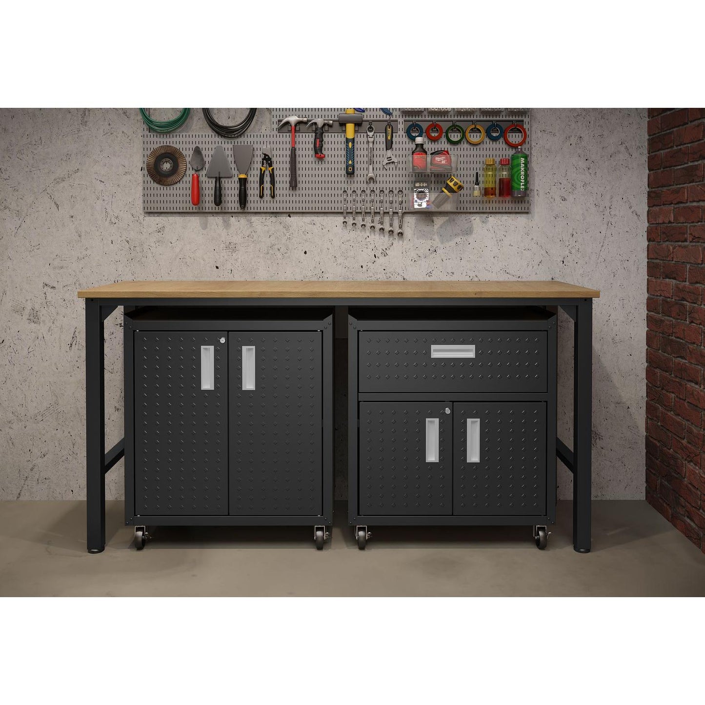 Manhattan Comfort 3-Piece Fortress Mobile Space-Saving Steel Garage Cabinet & Worktable 2.0 In Charcoal Gray