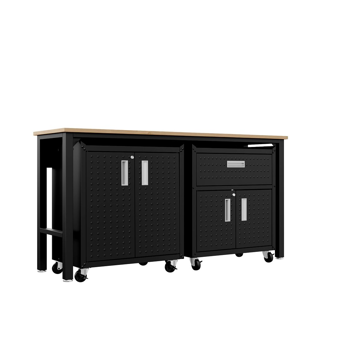 Manhattan Comfort 3-Piece Fortress Mobile Space-Saving Steel Garage Cabinet & Worktable 2.0 In Charcoal Gray