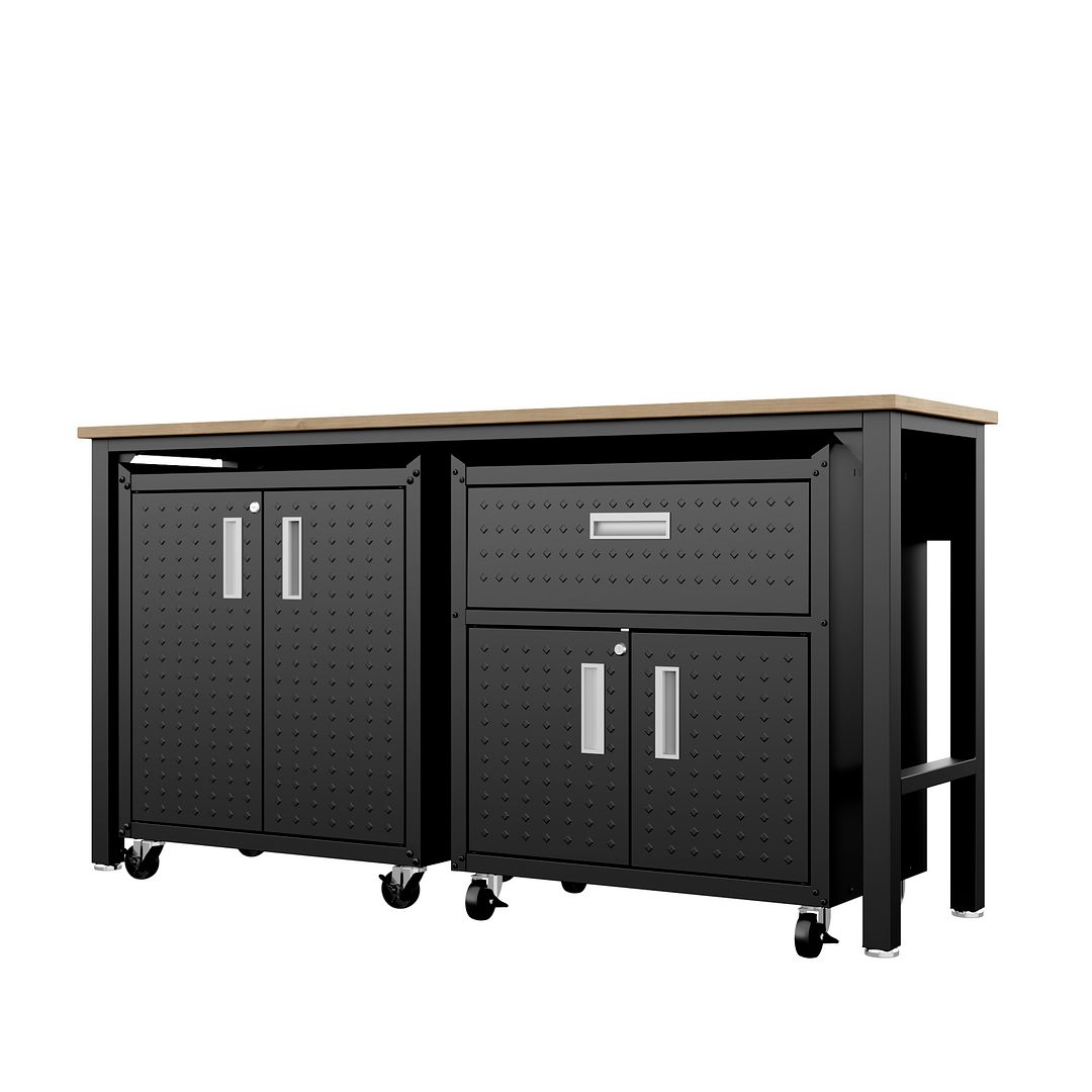 Manhattan Comfort 3-Piece Fortress Mobile Space-Saving Steel Garage Cabinet & Worktable 2.0 In Charcoal Gray