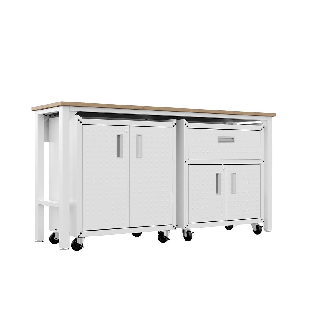 Manhattan Comfort 3-Piece Fortress Mobile Space-Saving Steel Garage Cabinet & Worktable 2.0 In White