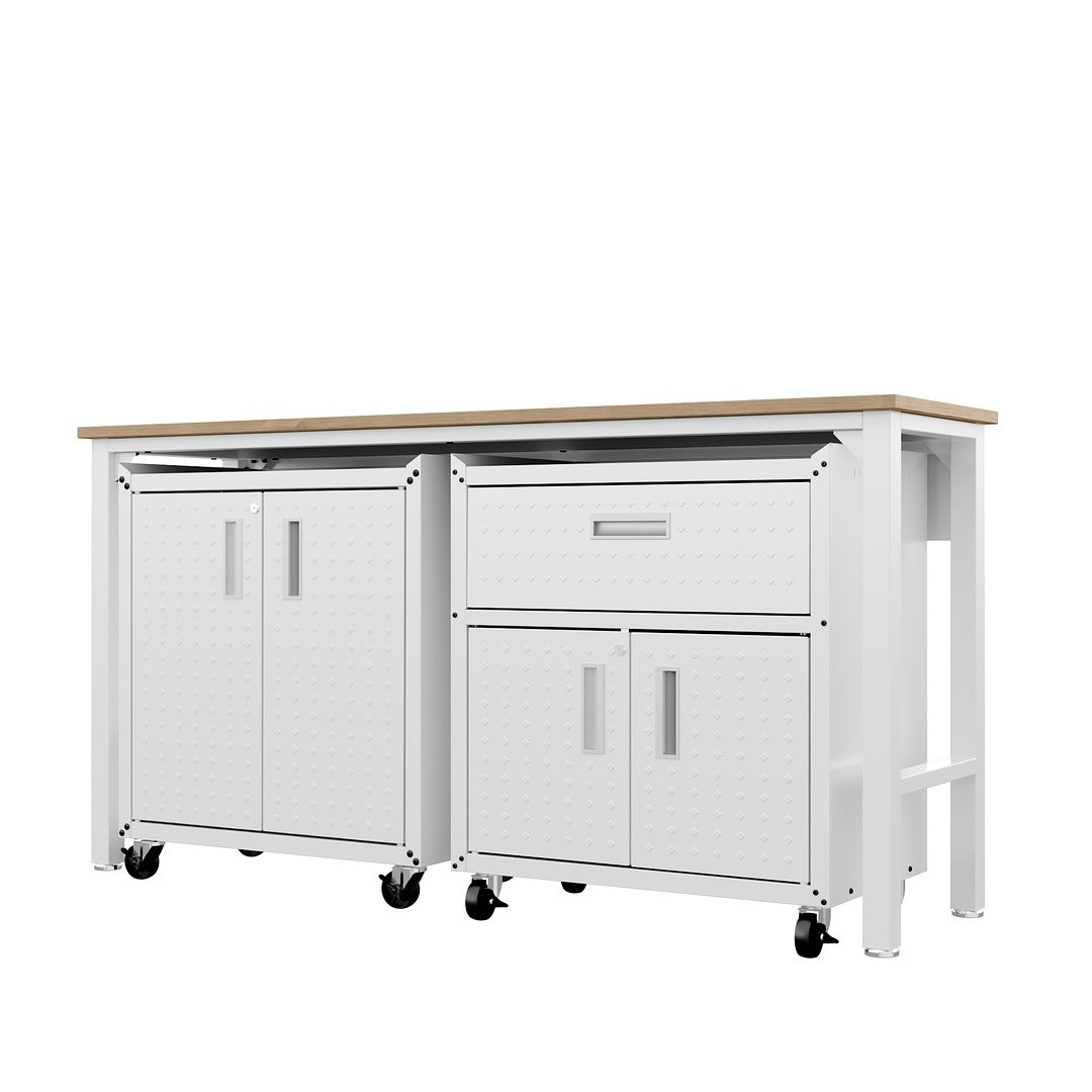 Manhattan Comfort 3-Piece Fortress Mobile Space-Saving Steel Garage Cabinet & Worktable 2.0 In White