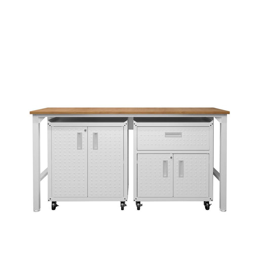Manhattan Comfort 3-Piece Fortress Mobile Space-Saving Steel Garage Cabinet & Worktable 2.0 In White