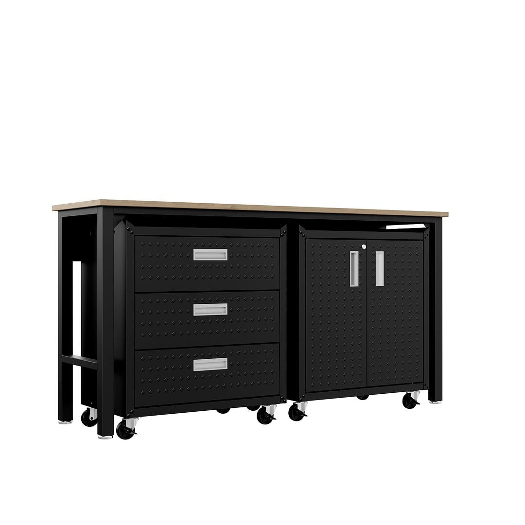 Manhattan Comfort 3-Piece Fortress Mobile Space-Saving Steel Garage Cabinet & Worktable 3.0 In Charcoal Gray