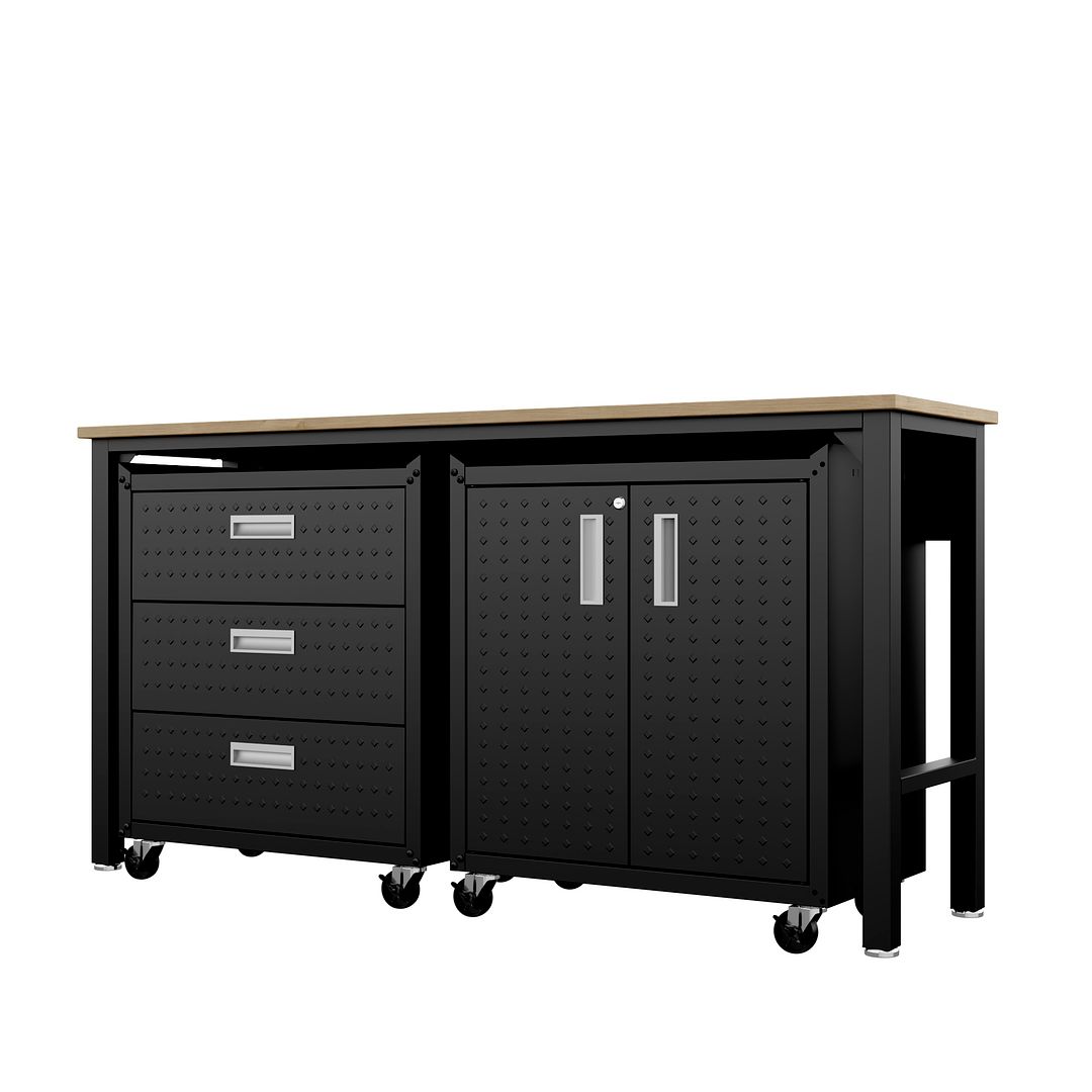 Manhattan Comfort 3-Piece Fortress Mobile Space-Saving Steel Garage Cabinet & Worktable 3.0 In Charcoal Gray