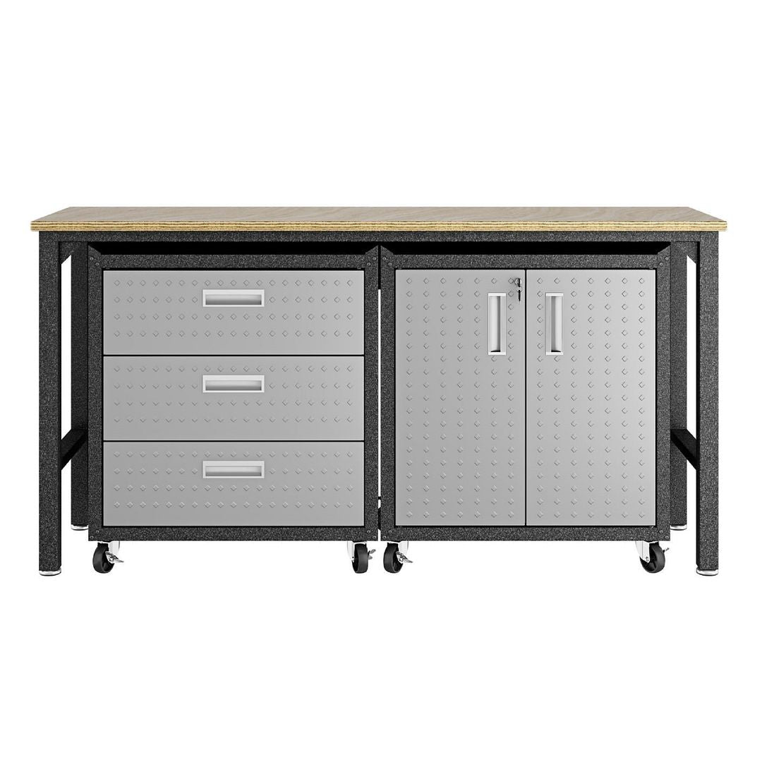 Manhattan Comfort 3-Piece Fortress Mobile Space-Saving Steel Garage Cabinet & Worktable 3.0 In Gray