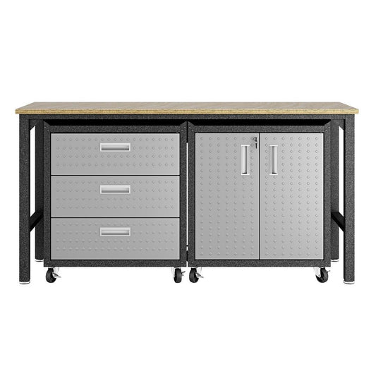 Manhattan Comfort 3-Piece Fortress Mobile Space-Saving Steel Garage Cabinet & Worktable 3.0 In Gray