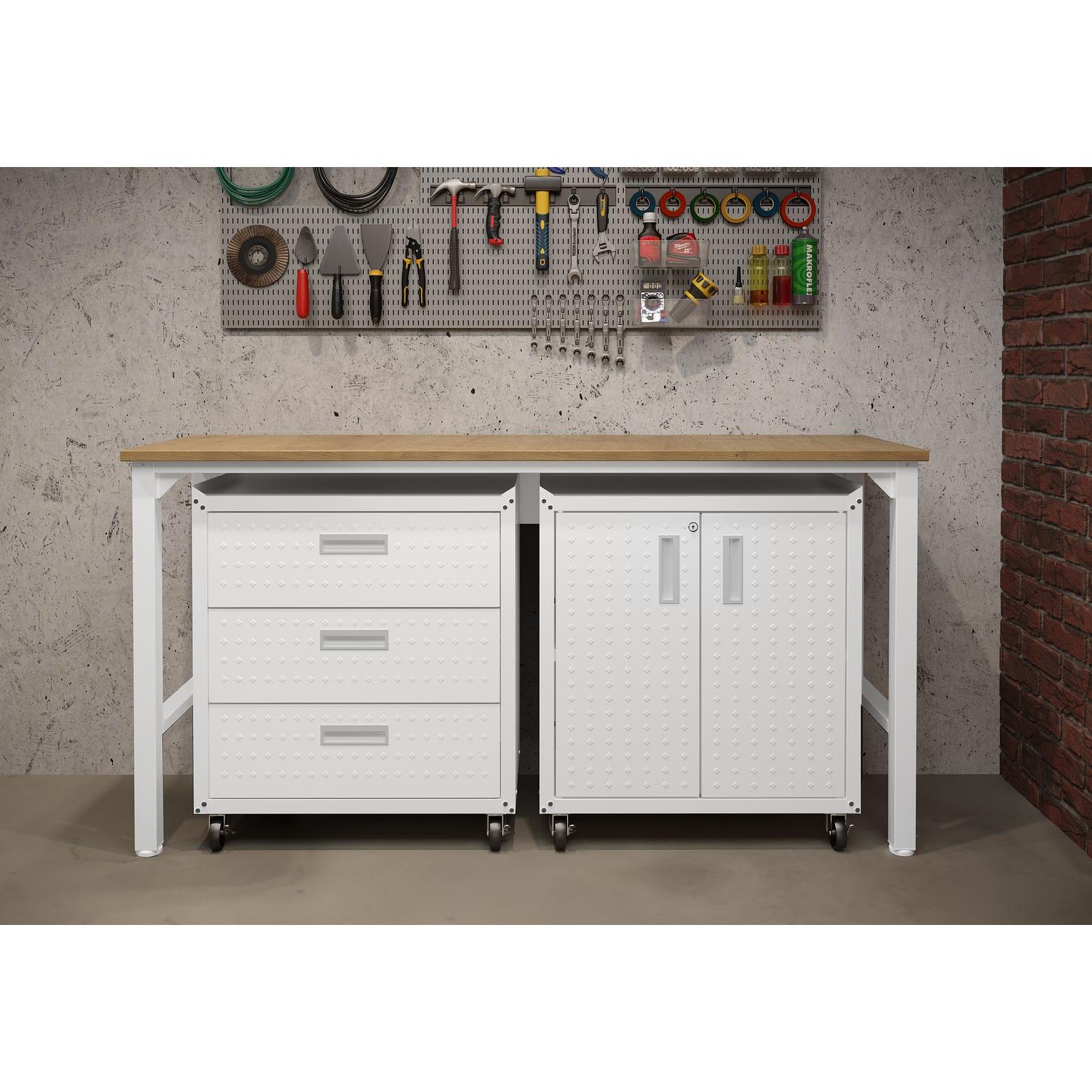 Manhattan Comfort 3-Piece Fortress Mobile Space-Saving Steel Garage Cabinet & Worktable 3.0 In White
