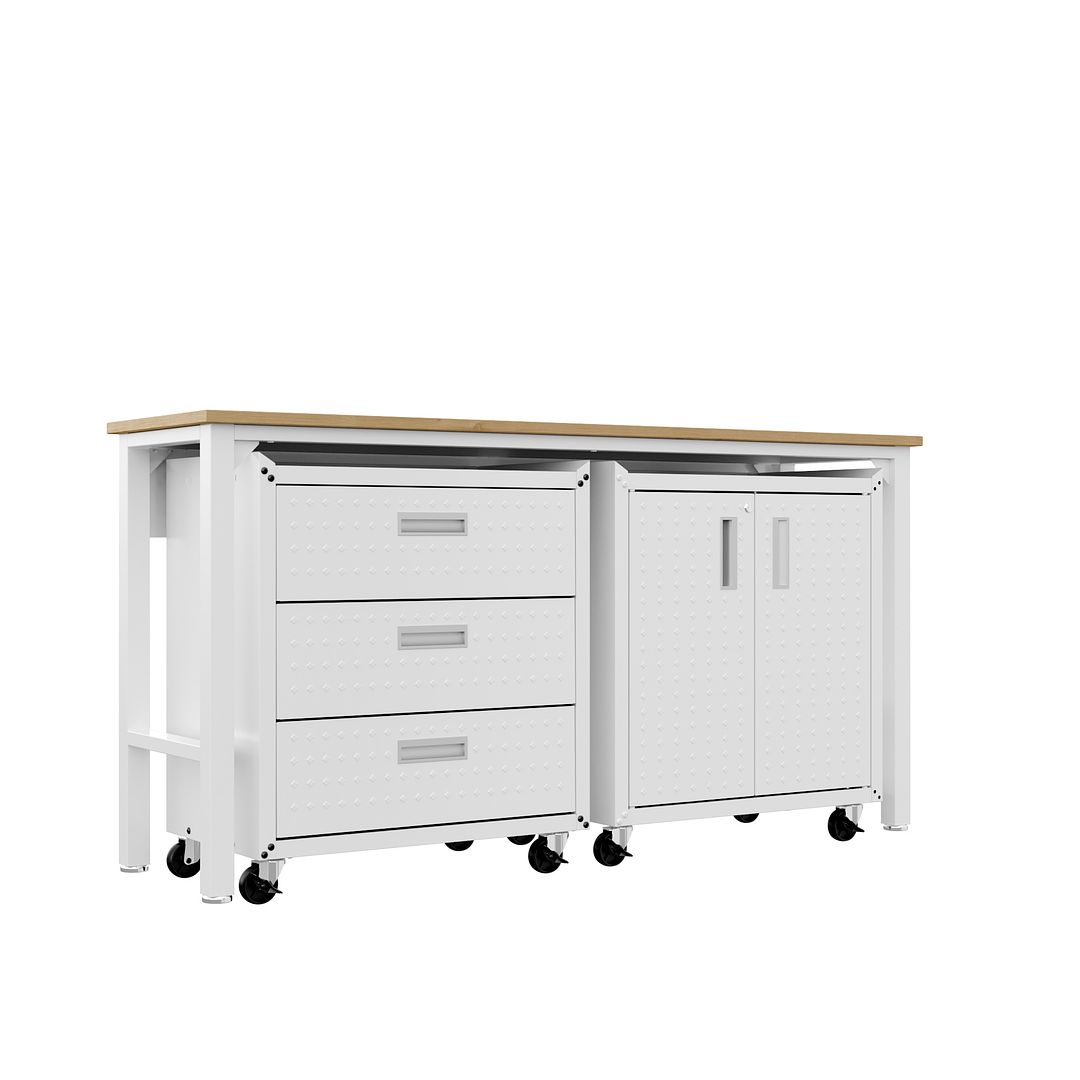 Manhattan Comfort 3-Piece Fortress Mobile Space-Saving Steel Garage Cabinet & Worktable 3.0 In White