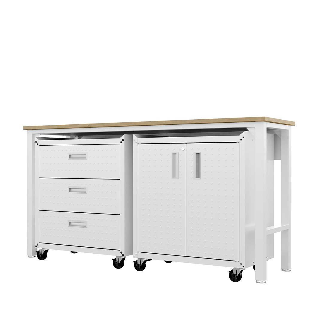 Manhattan Comfort 3-Piece Fortress Mobile Space-Saving Steel Garage Cabinet & Worktable 3.0 In White