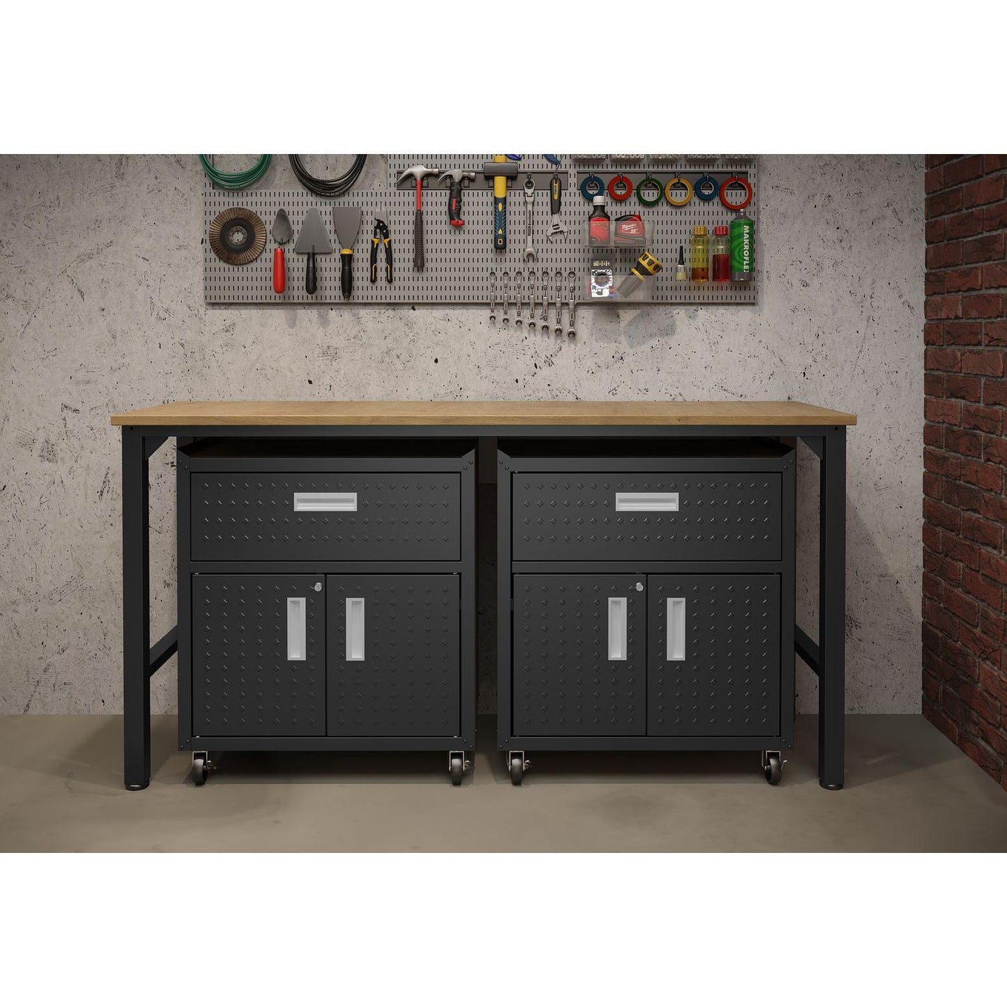 Manhattan Comfort 3-Piece Fortress Mobile Space-Saving Steel Garage Cabinet & Worktable 4.0 In Charcoal Gray