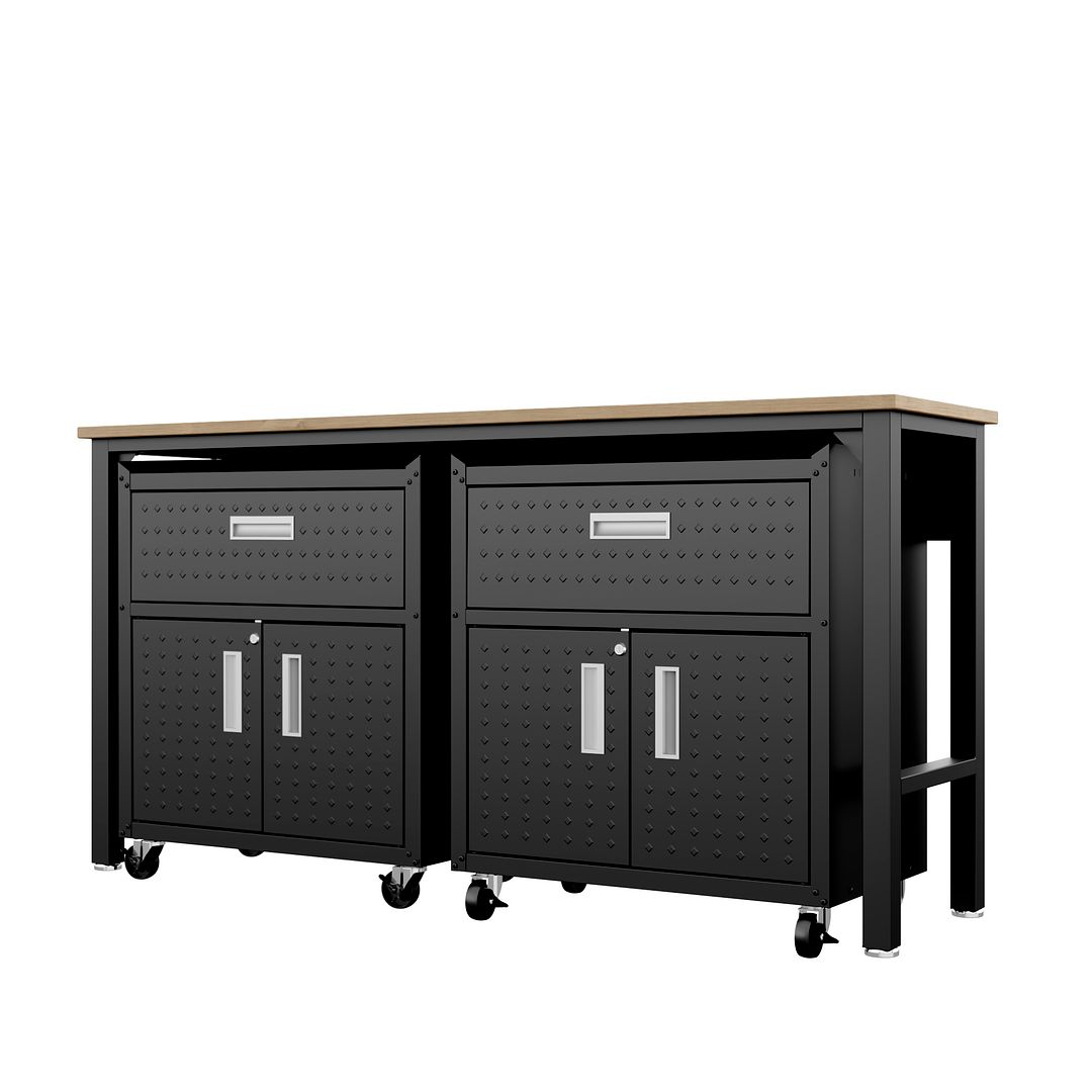 Manhattan Comfort 3-Piece Fortress Mobile Space-Saving Steel Garage Cabinet & Worktable 4.0 In Charcoal Gray