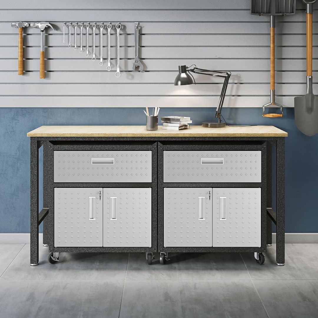 Manhattan Comfort 3-Piece Fortress Mobile Space-Saving Steel Garage Cabinet & Worktable 4.0 In Gray