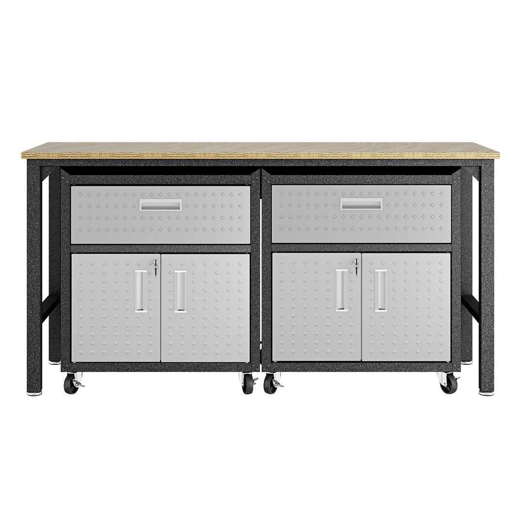 Manhattan Comfort 3-Piece Fortress Mobile Space-Saving Steel Garage Cabinet & Worktable 4.0 In Gray