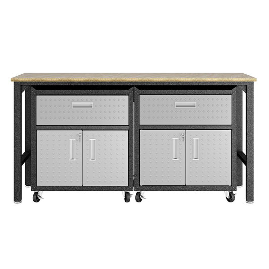 Manhattan Comfort 3-Piece Fortress Mobile Space-Saving Steel Garage Cabinet & Worktable 4.0 In Gray