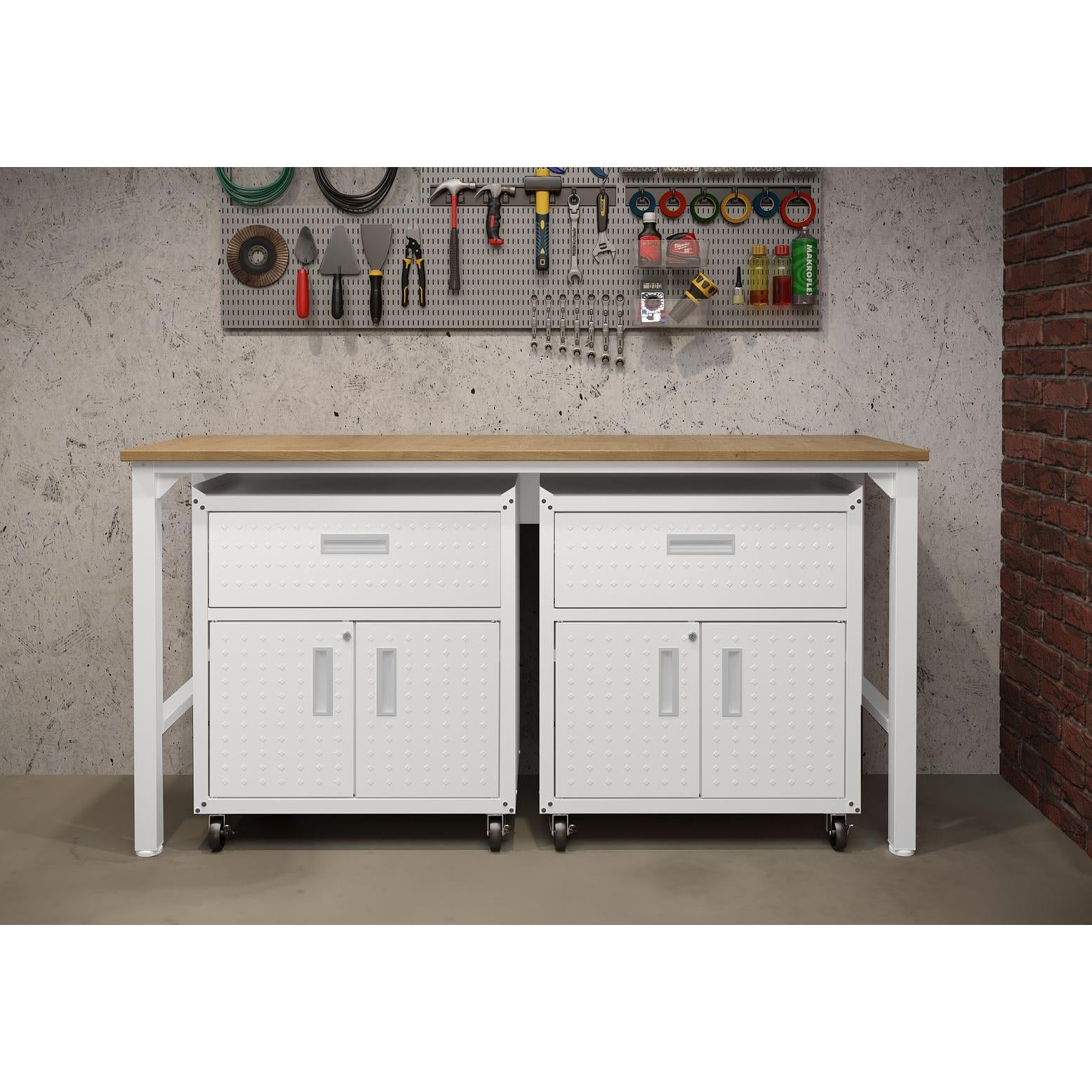Manhattan Comfort 3-Piece Fortress Mobile Space-Saving Steel Garage Cabinet & Worktable 4.0 In White