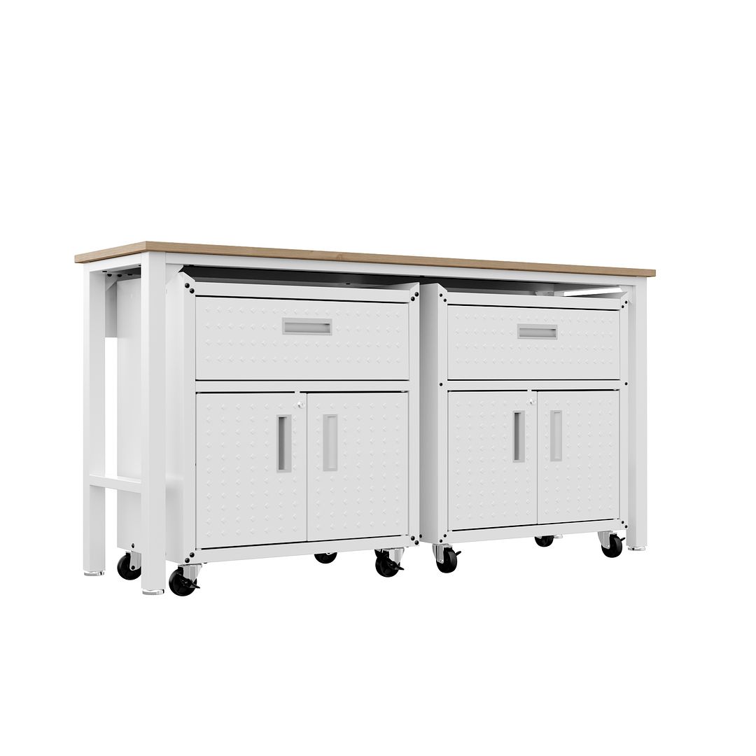 Manhattan Comfort 3-Piece Fortress Mobile Space-Saving Steel Garage Cabinet & Worktable 4.0 In White