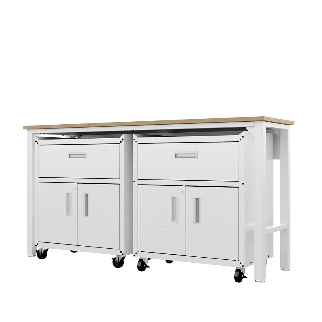 Manhattan Comfort 3-Piece Fortress Mobile Space-Saving Steel Garage Cabinet & Worktable 4.0 In White