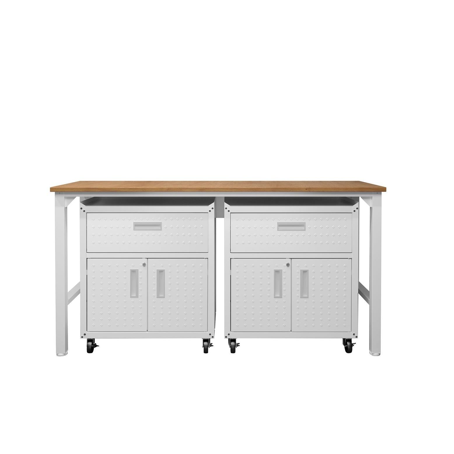 Manhattan Comfort 3-Piece Fortress Mobile Space-Saving Steel Garage Cabinet & Worktable 4.0 In White