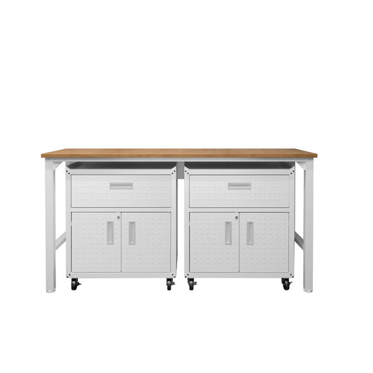 Manhattan Comfort 3-Piece Fortress Mobile Space-Saving Steel Garage Cabinet & Worktable 4.0 In White