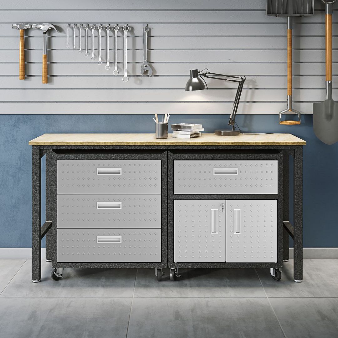Manhattan Comfort 3-Piece Fortress Mobile Space-Saving Steel Garage Cabinet & Worktable 5.0 In Gray