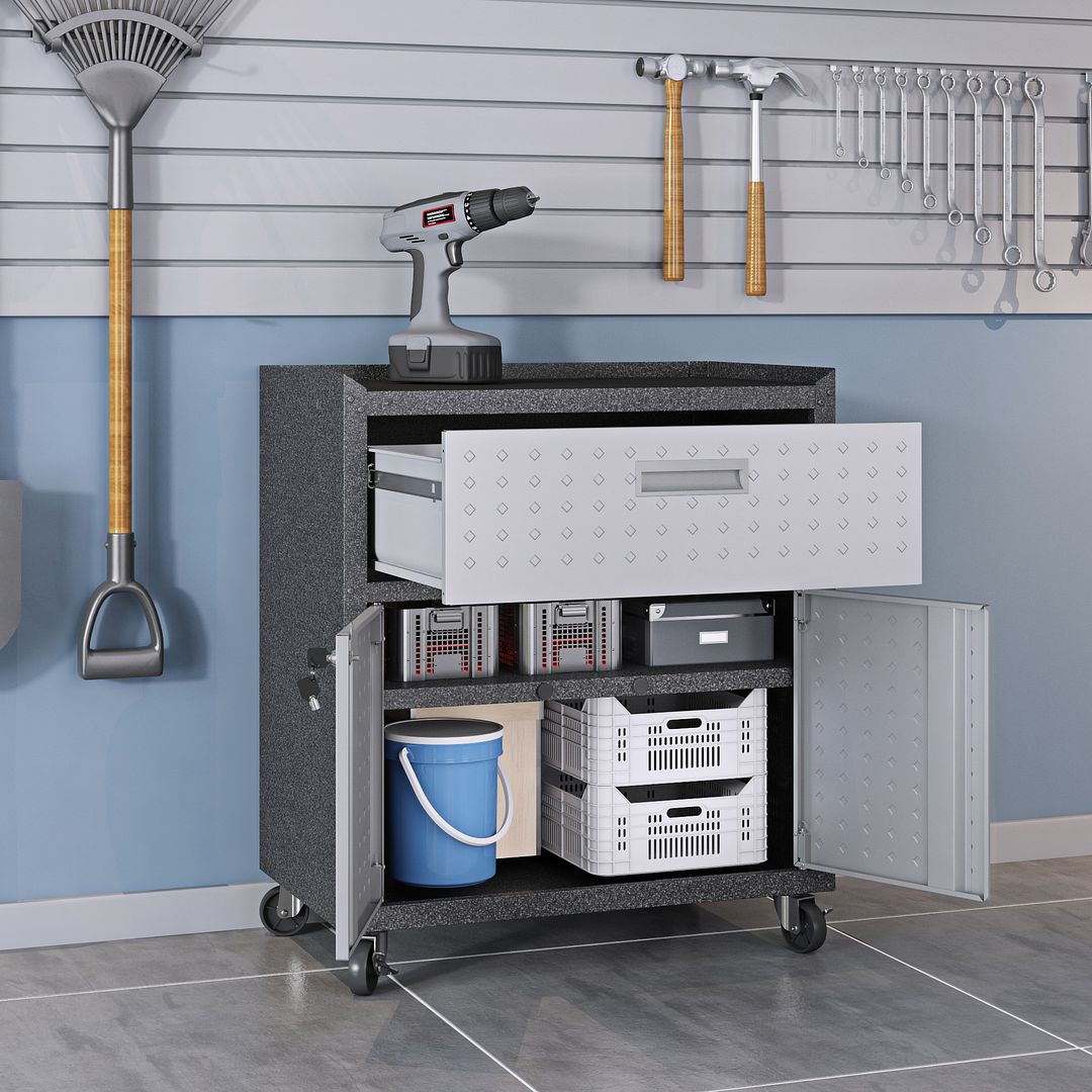 Manhattan Comfort 3-Piece Fortress Mobile Space-Saving Steel Garage Cabinet & Worktable 5.0 In Gray