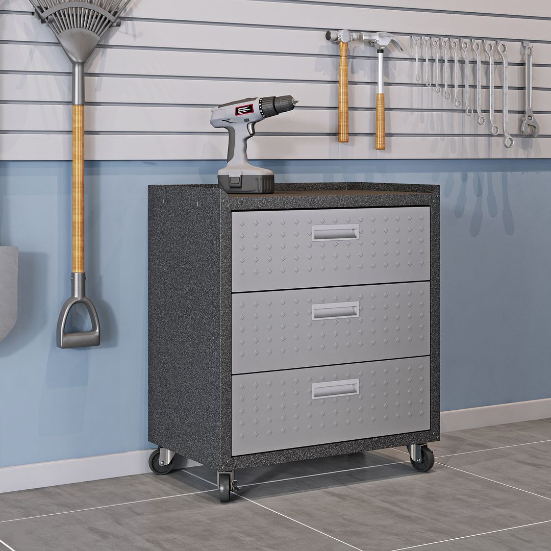 Manhattan Comfort 3-Piece Fortress Mobile Space-Saving Steel Garage Cabinet & Worktable 5.0 In Gray