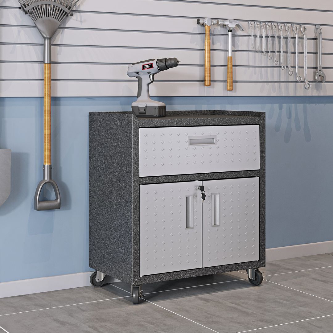 Manhattan Comfort 3-Piece Fortress Mobile Space-Saving Steel Garage Cabinet & Worktable 5.0 In Gray