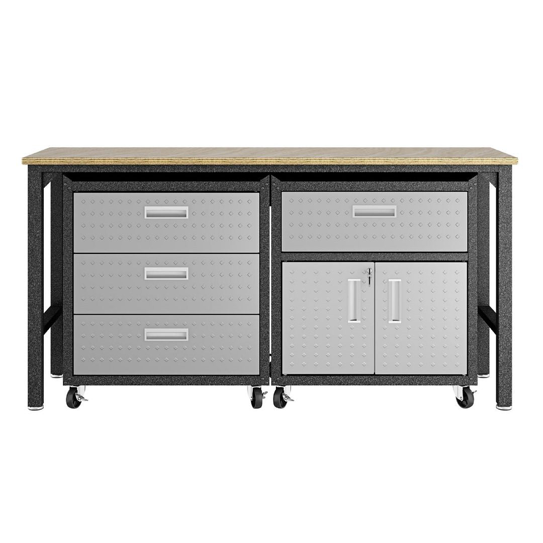 Manhattan Comfort 3-Piece Fortress Mobile Space-Saving Steel Garage Cabinet & Worktable 5.0 In Gray