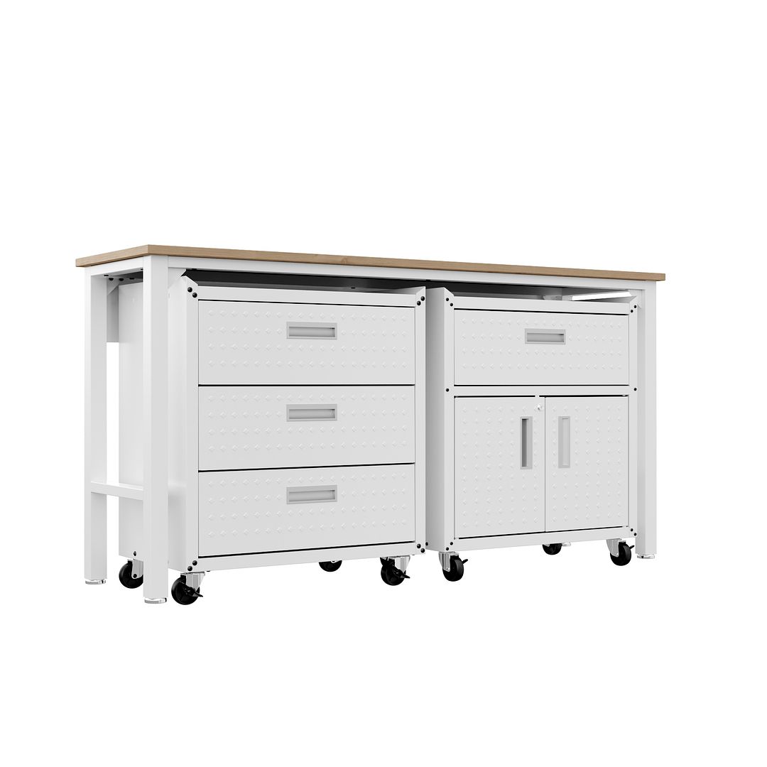 Manhattan Comfort 3-Piece Fortress Mobile Space-Saving Steel Garage Cabinet & Worktable 5.0 In White