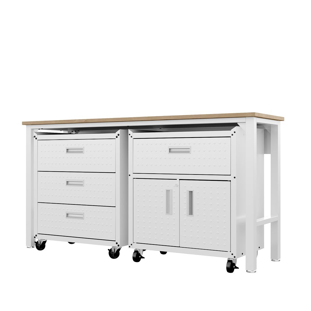 Manhattan Comfort 3-Piece Fortress Mobile Space-Saving Steel Garage Cabinet & Worktable 5.0 In White