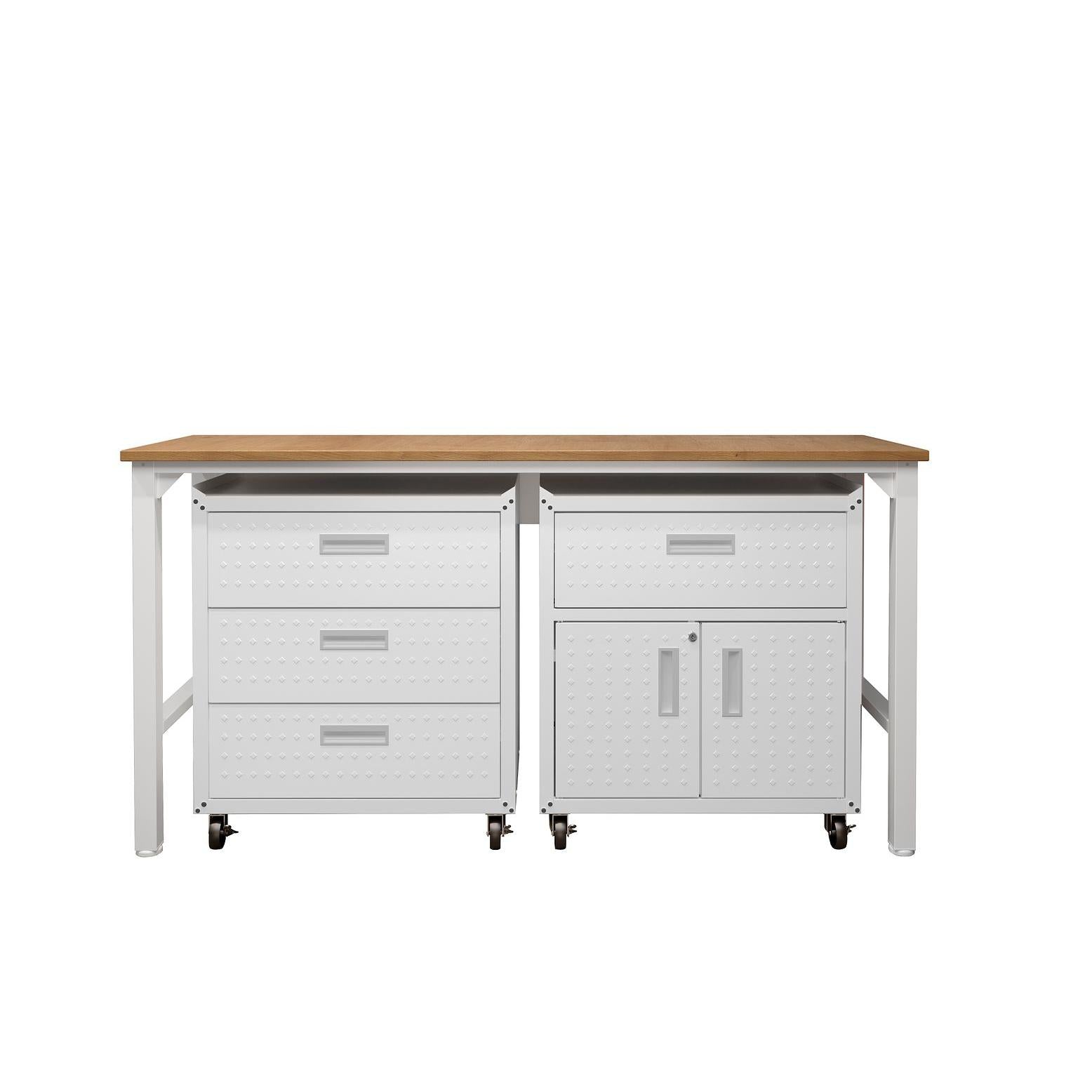 Manhattan Comfort 3-Piece Fortress Mobile Space-Saving Steel Garage Cabinet & Worktable 5.0 In White