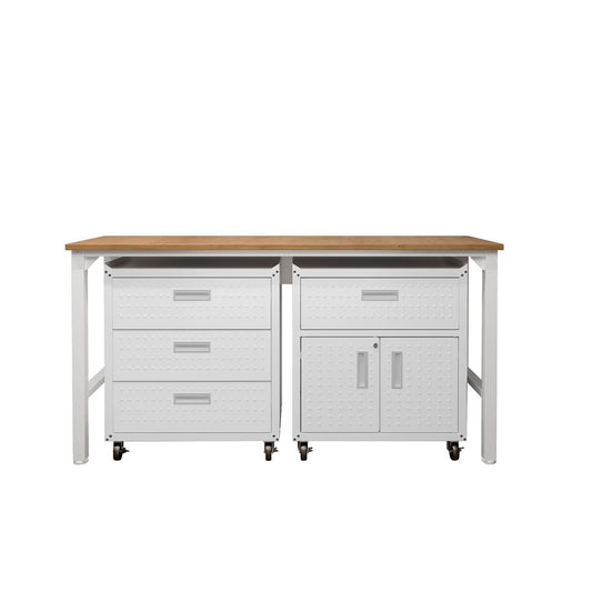 Manhattan Comfort 3-Piece Fortress Mobile Space-Saving Steel Garage Cabinet & Worktable 5.0 In White