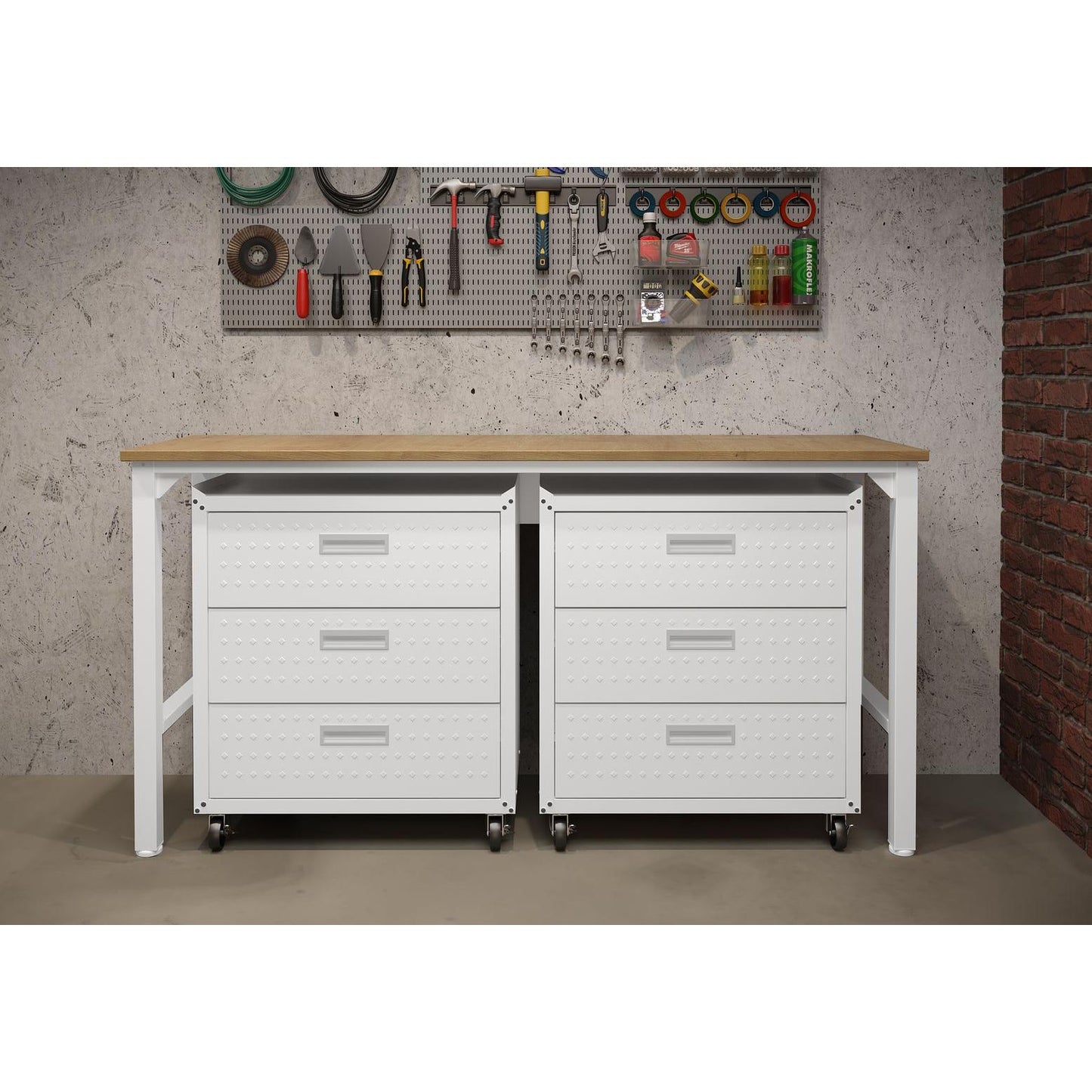 Manhattan Comfort 3-Piece Fortress Mobile Space-Saving Steel Garage Cabinet & Worktable 6.0 In White