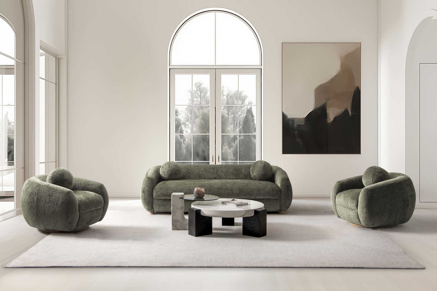 Manhattan Comfort 3-Piece Olive Green Modern Tribeca Chenille 86" Sofa & 2 Accent Chairs
