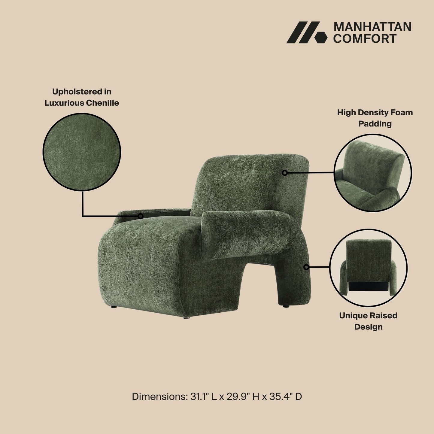 Manhattan Comfort 3-Piece Olive Green Modern Verandah Chenille 112" Sofa & 2 Accent Chairs