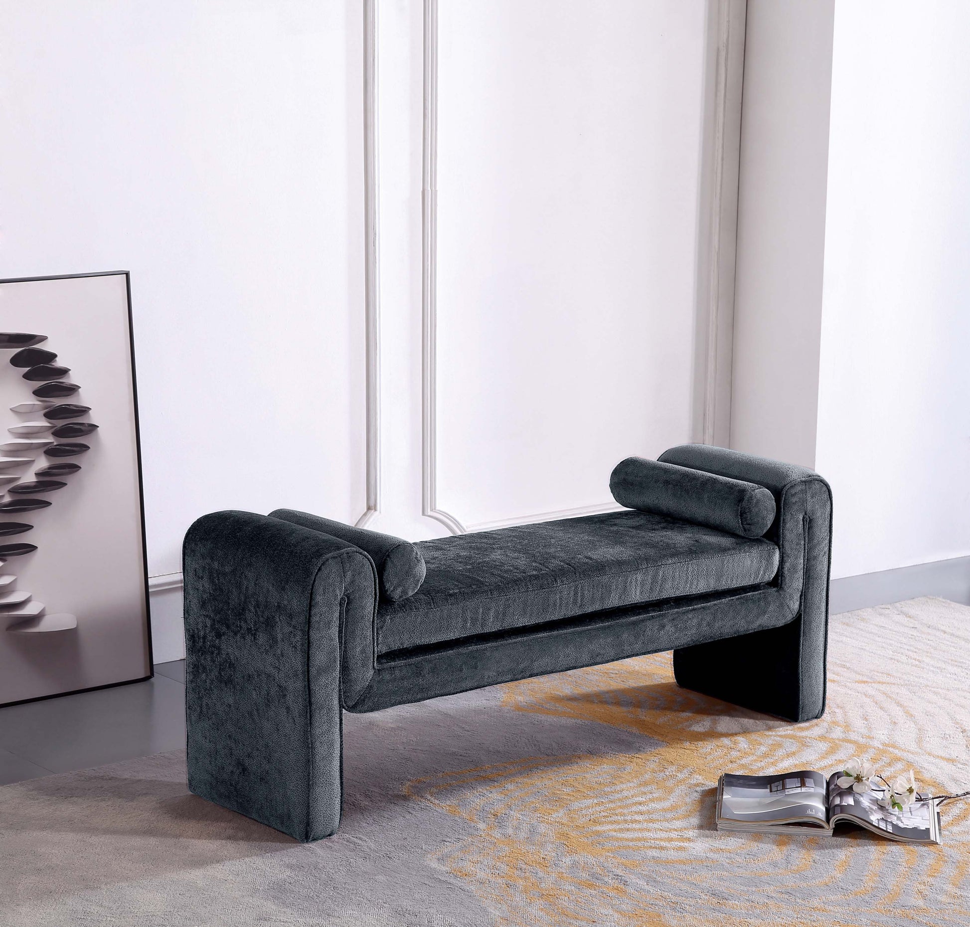 Manhattan Comfort 59" Black Modern Concord Chenille Bench