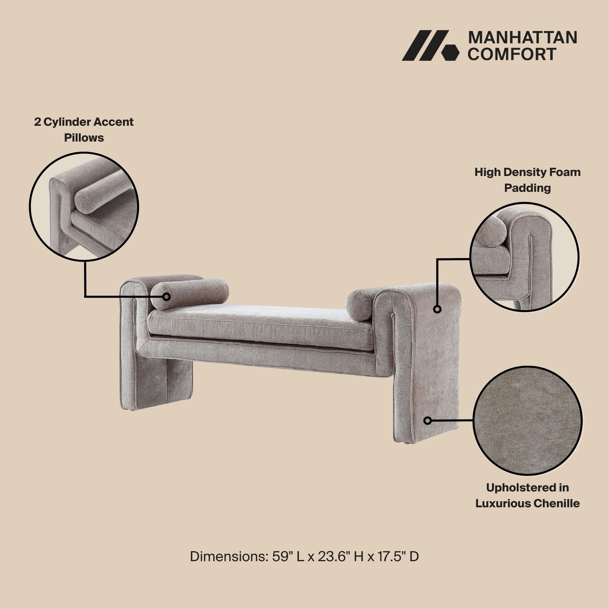 Manhattan Comfort 59" Gray Modern Concord Chenille Bench