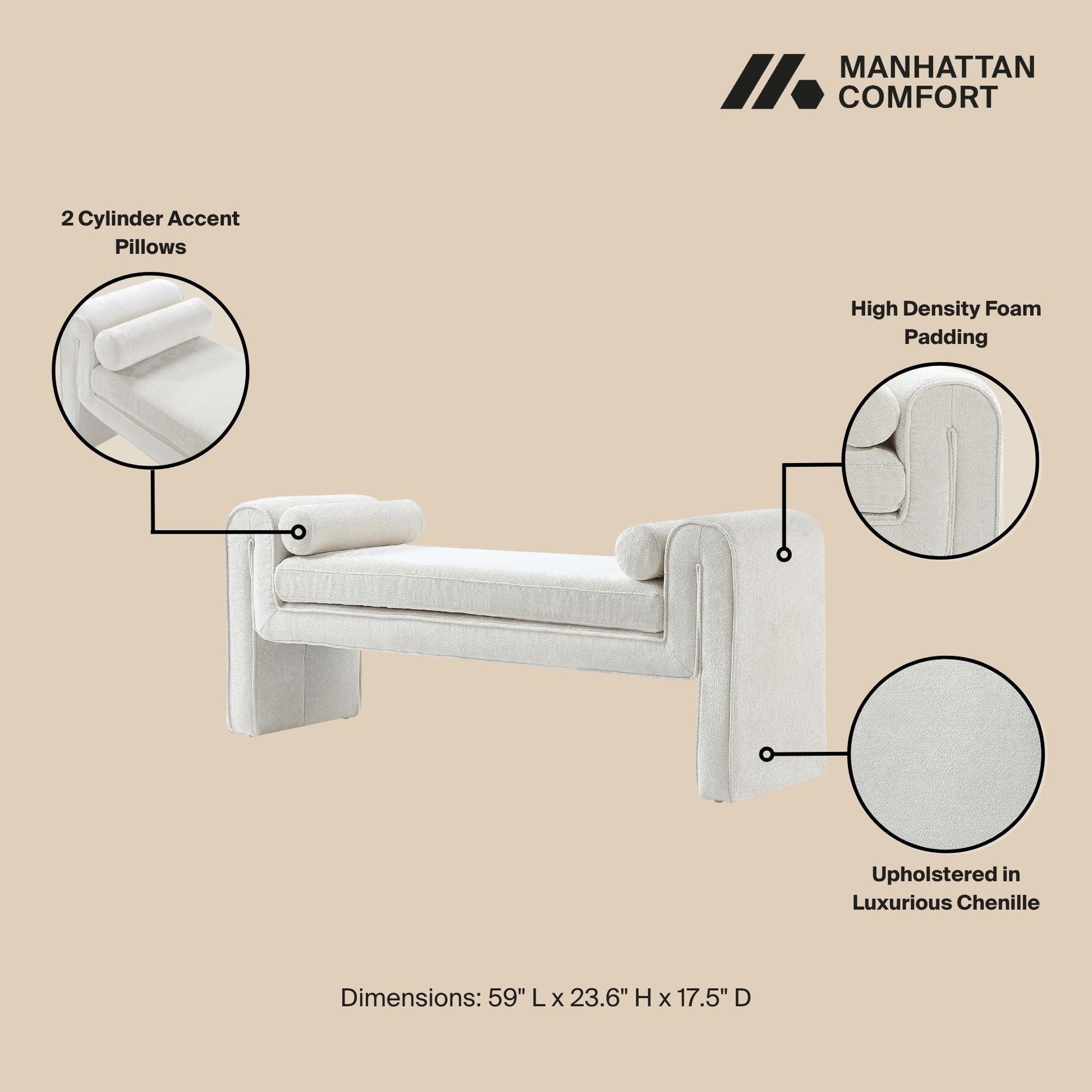 Manhattan Comfort 59" Ivory Modern Concord Chenille Bench