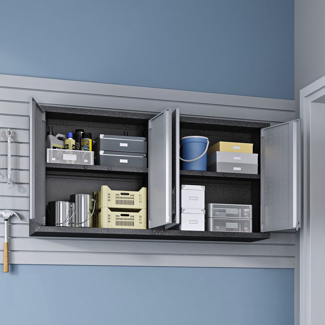 Manhattan Comfort 6-Piece Fortress Textured Garage Set With Cabinets, Wall Units & Table In Gray