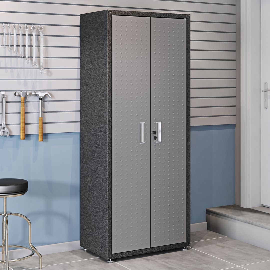 Manhattan Comfort 6-Piece Fortress Textured Garage Set With Cabinets, Wall Units & Table In Gray