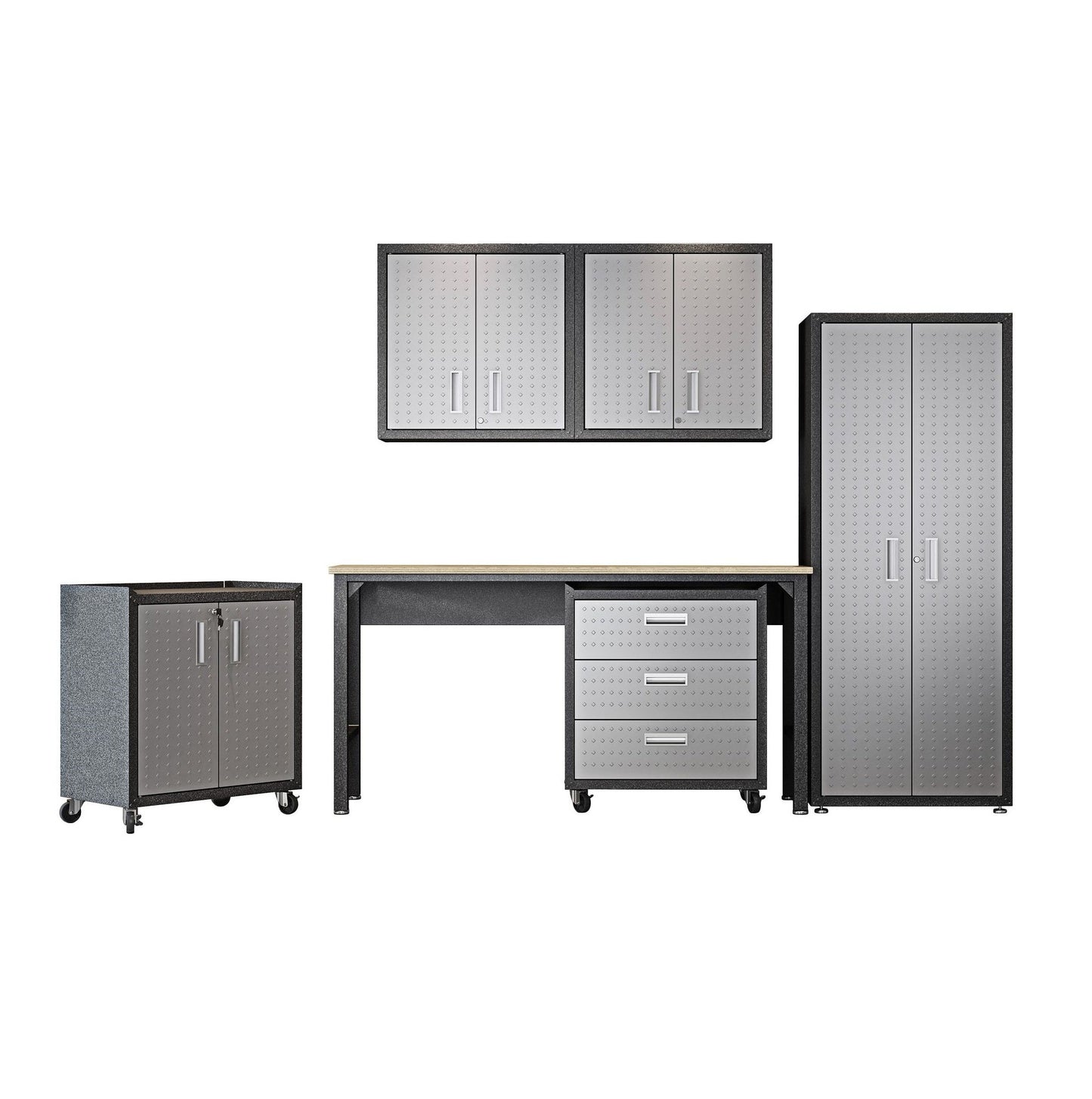 Manhattan Comfort 6-Piece Fortress Textured Garage Set With Cabinets, Wall Units & Table In Gray