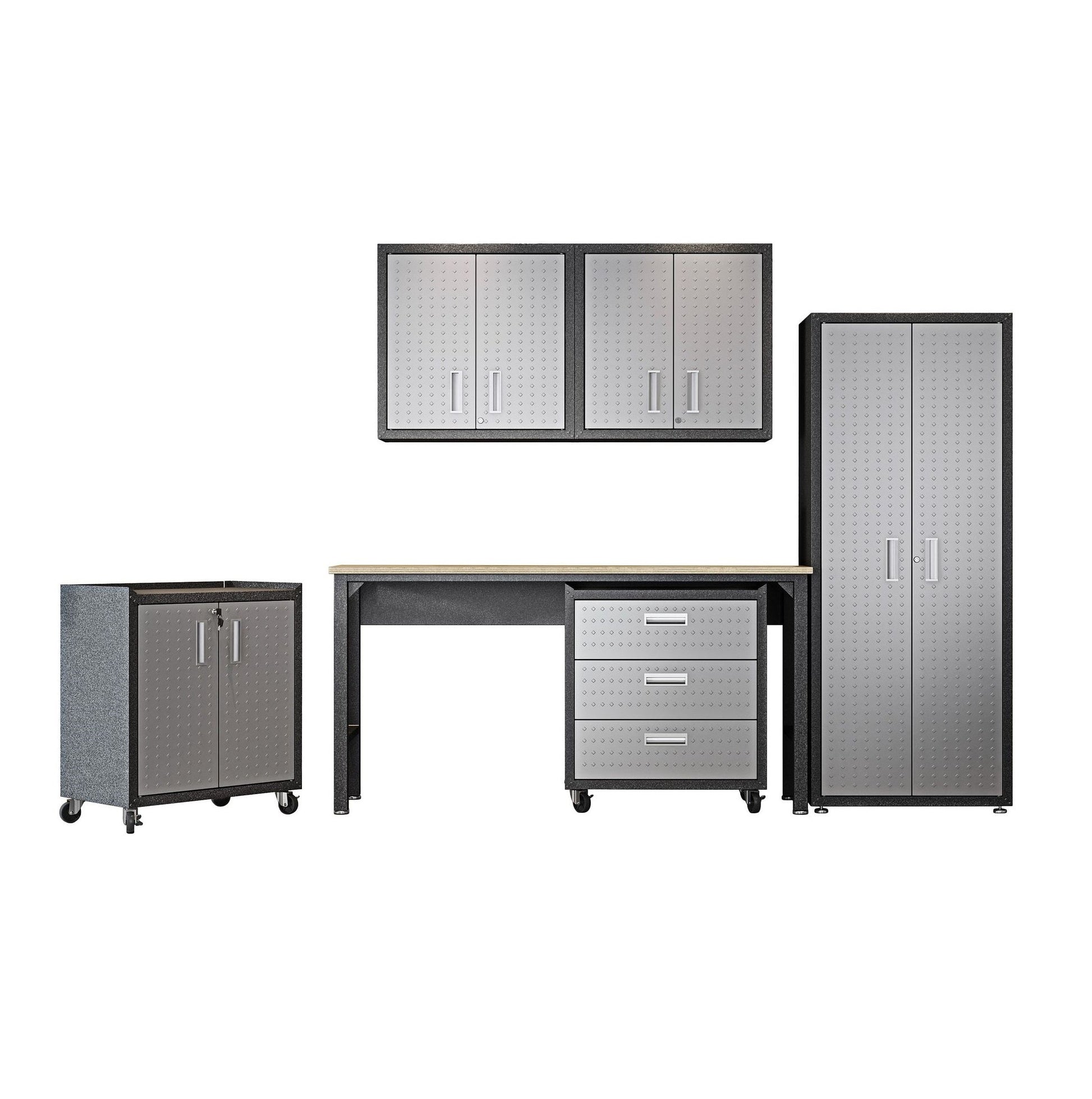 Manhattan Comfort 6-Piece Fortress Textured Garage Set With Cabinets, Wall Units & Table In Gray