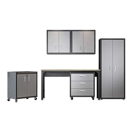 Manhattan Comfort 6-Piece Fortress Textured Garage Set With Cabinets, Wall Units & Table In Gray