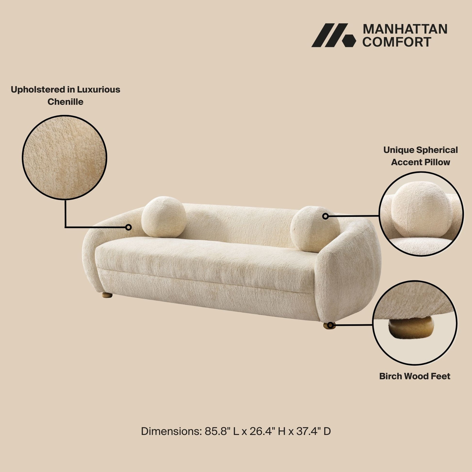 Manhattan Comfort 86" Cream Modern Tribeca Chenille Accent Sofa