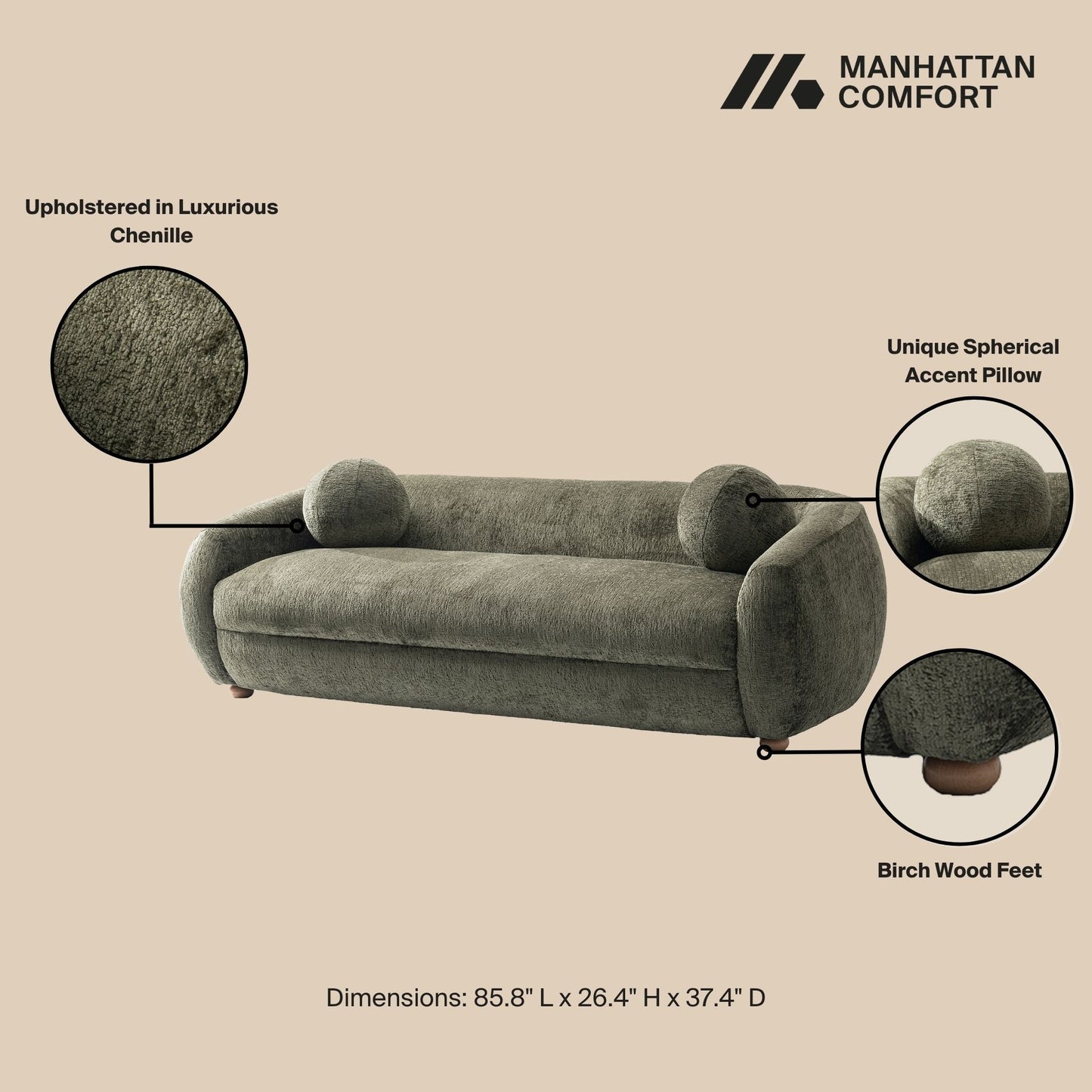 Manhattan Comfort 86" Olive Green Modern Tribeca Chenille Accent Sofa