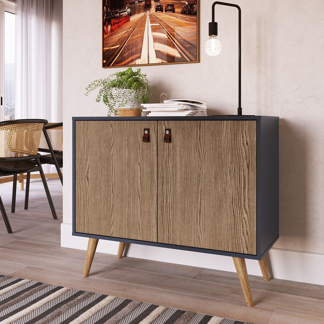 Manhattan Comfort Amber Accent Cabinet With Faux Leather Handles In Blue & Nature